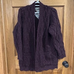 Aran Crafts Ireland Merino Wool Cable Knit Cardigan Purple Nep XL